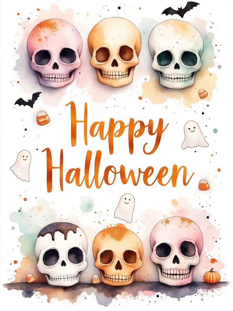 Playful Halloween Poster With Sugar Skulls and Ghosts