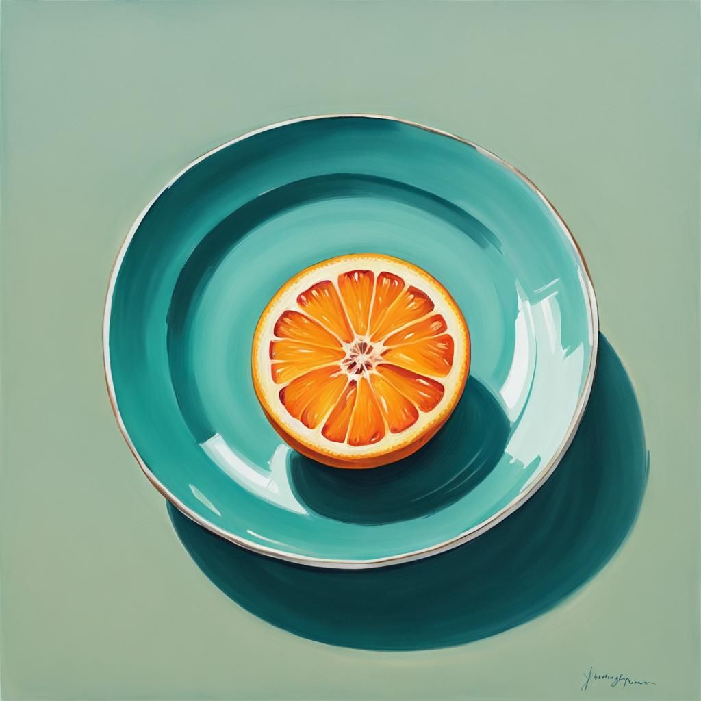 an orange cut in half on a teal plate