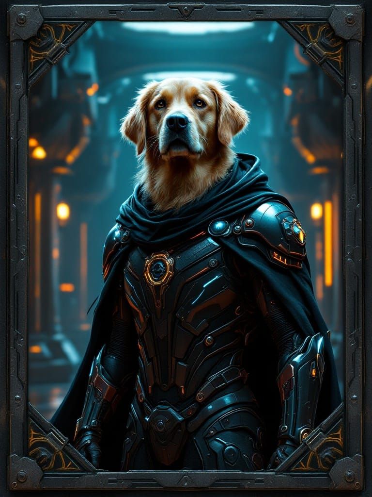 Cyberpunk Golden Retriever in High-Tech Armor