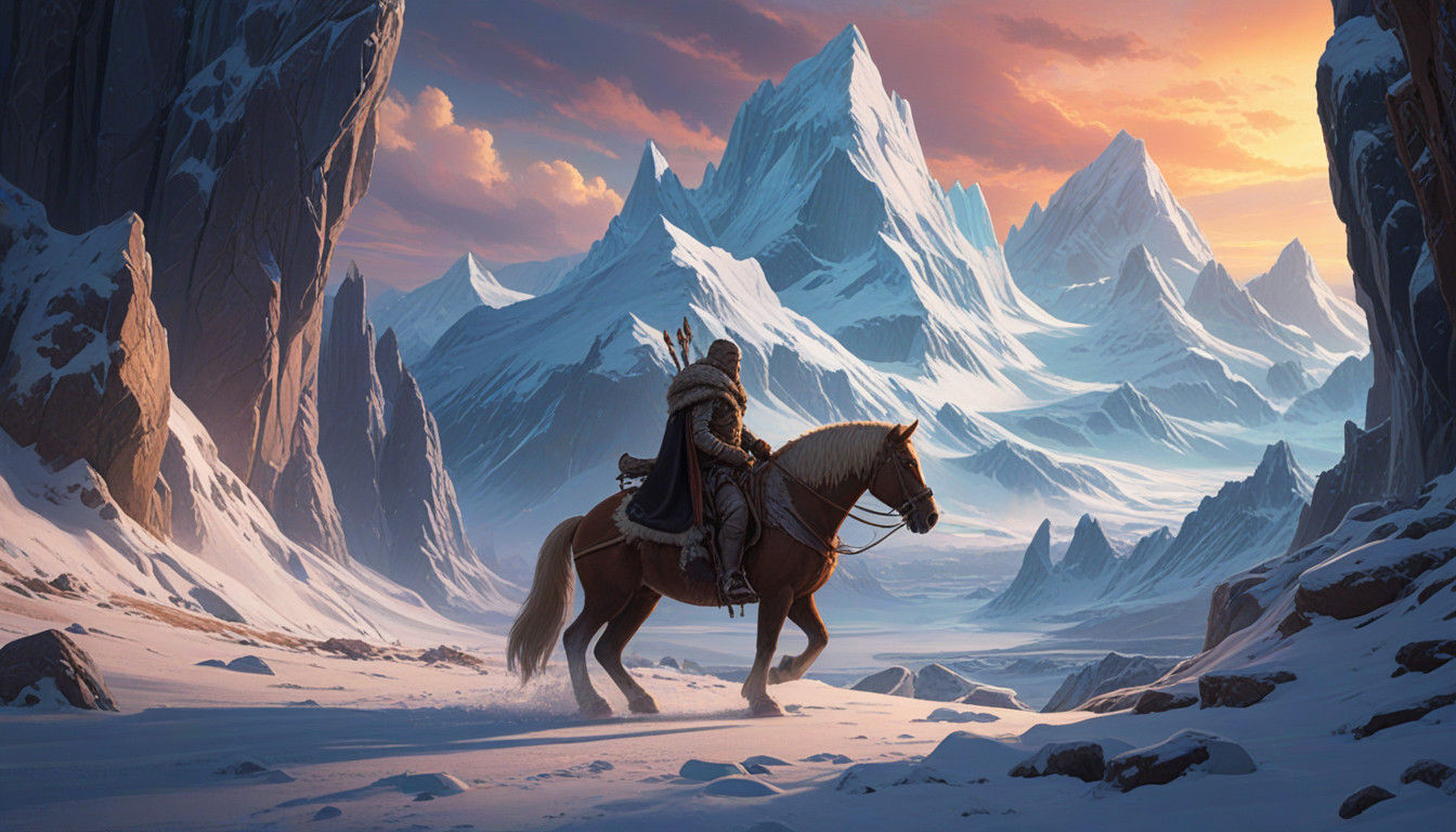 Epic Fantasy Warrior Rides Majestic Beast Across Mystic Snow...