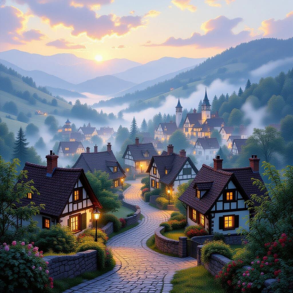 Ethereal Pastoral Town Overlook in Thomas Kinkade Style
