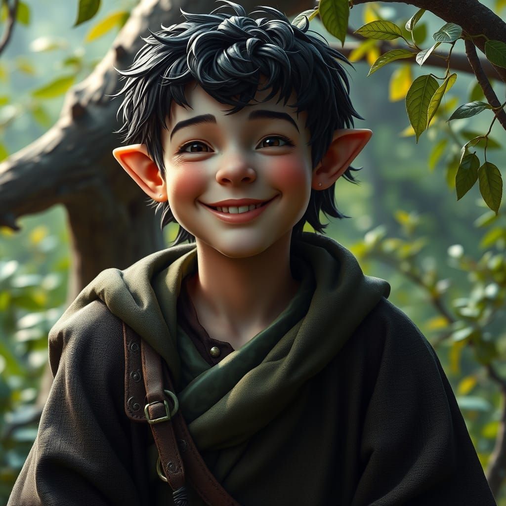 Surreal Halfling Druid in Earthy Dark Green Robes Amidst Vib...