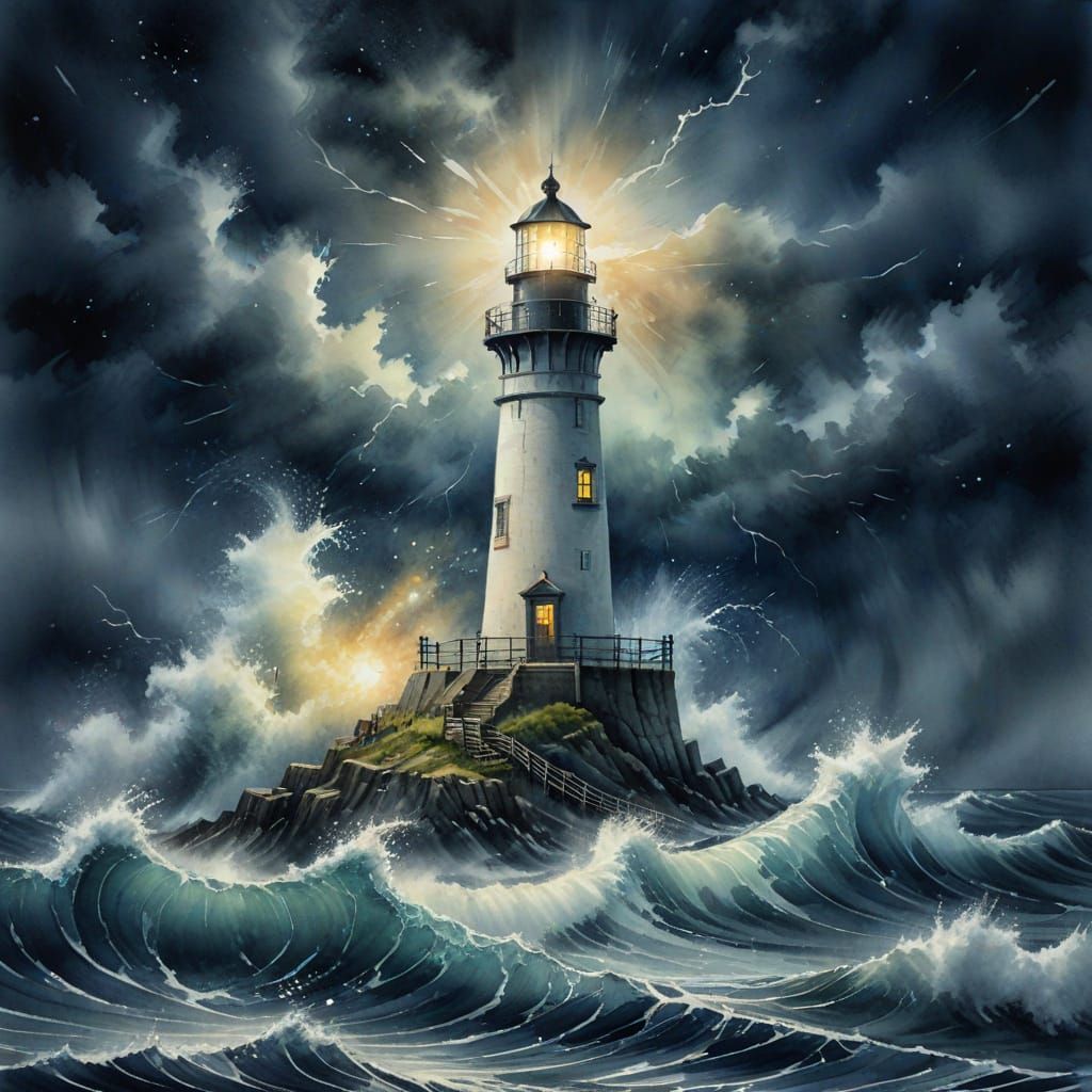 Ocean Storm Lighthouse: Delicate Watercolor Art