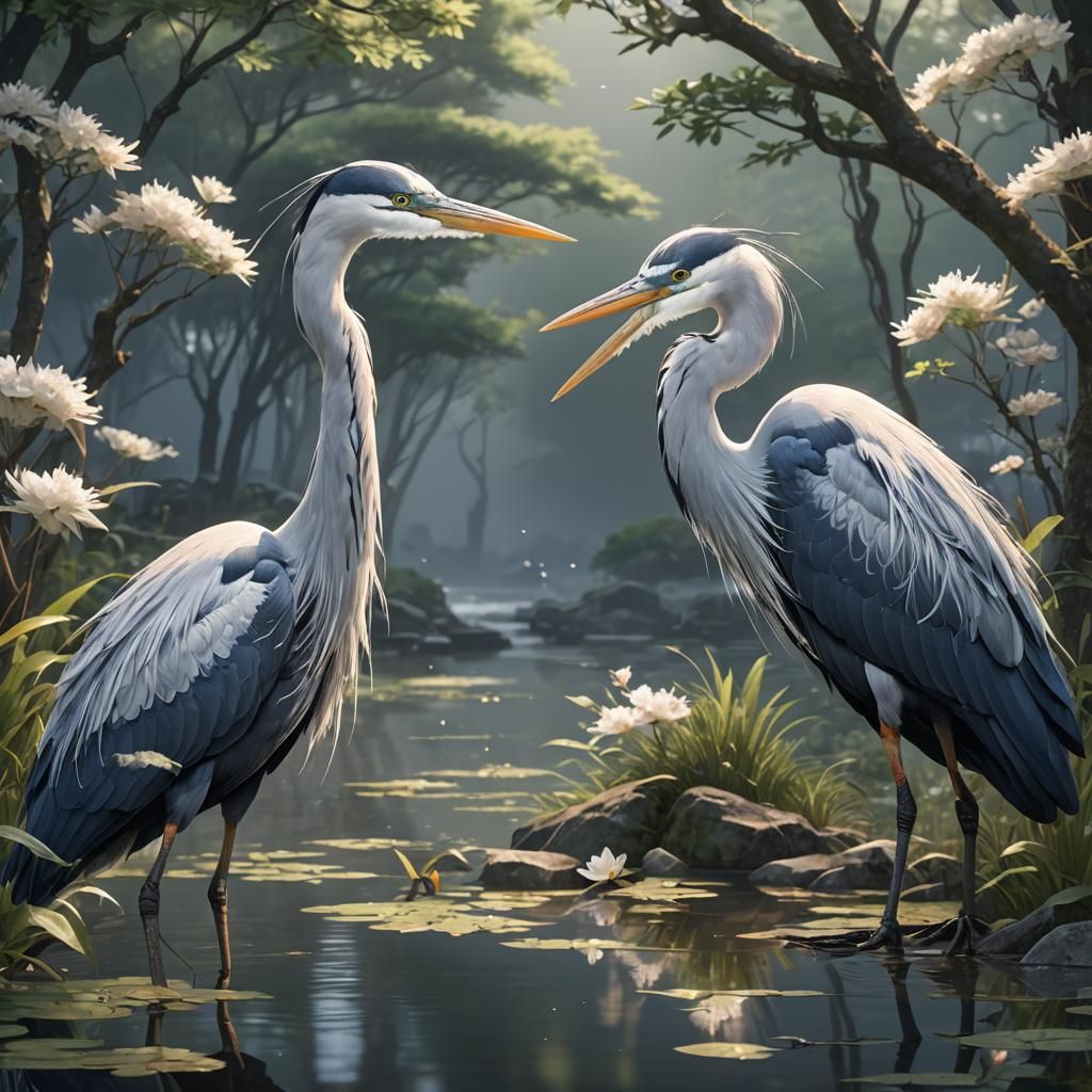 Two Herons in Detailed 3D Anime Art