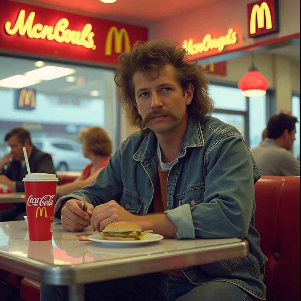 Man Enjoys McDonald's Meal in 1980s Photo