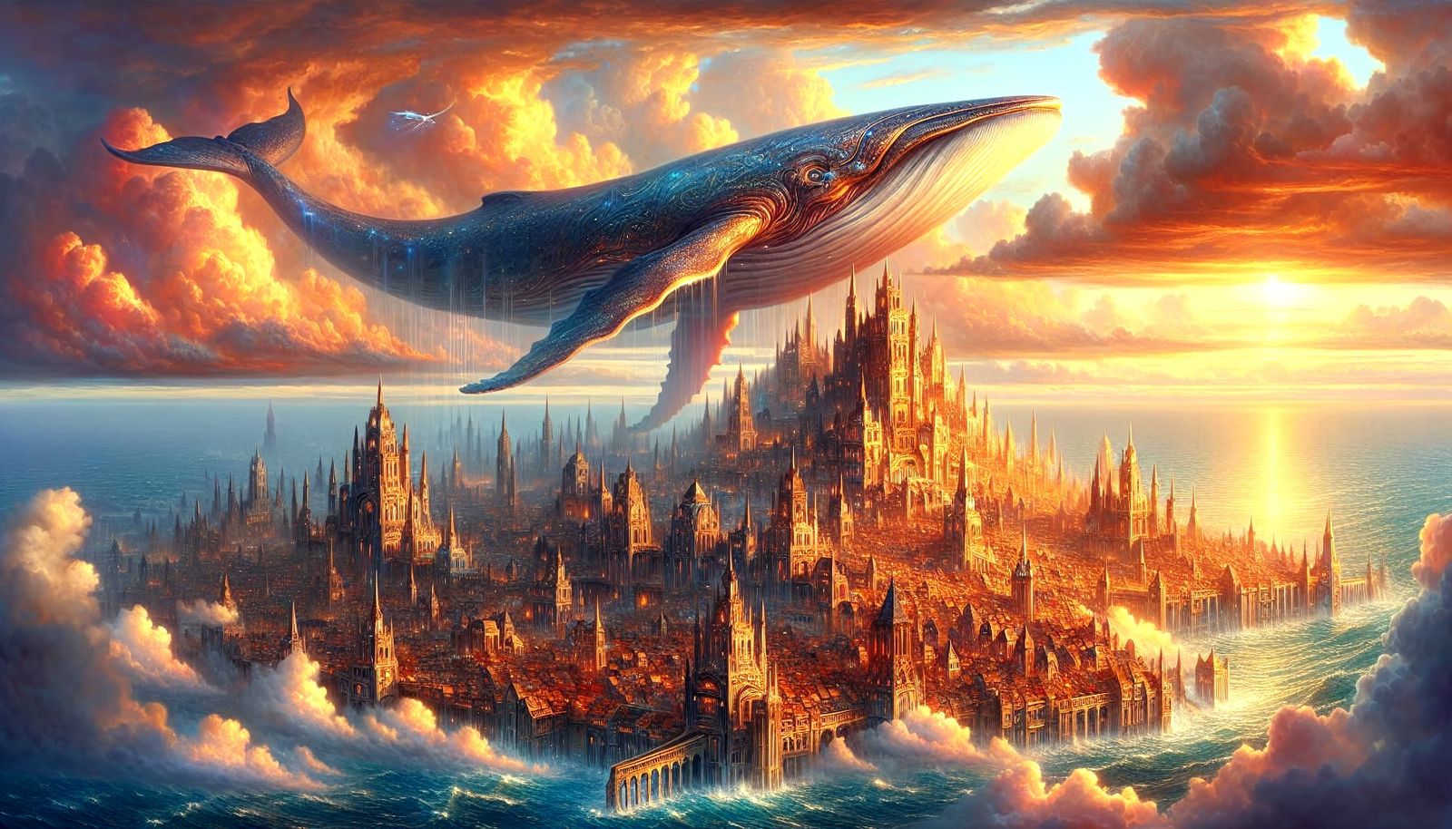 Flying Whale over an Ocean City