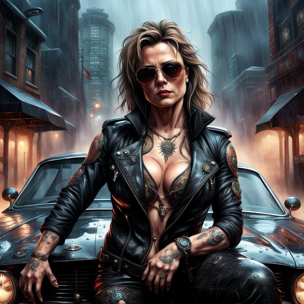 Gothic Digital Painting: Tattooed Woman in Rainy Cityscape