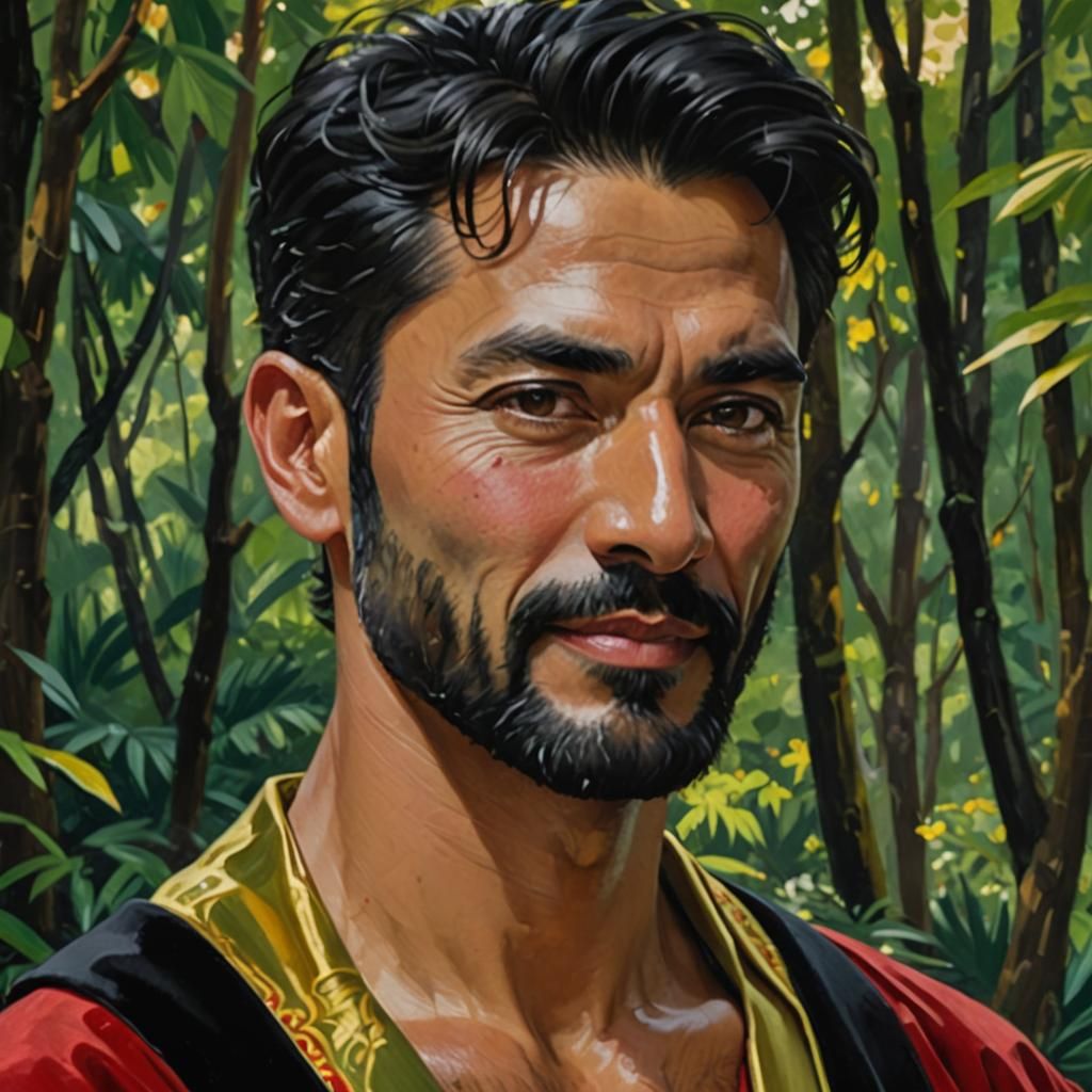 Joyous Man in Red Robe: Gouache Impressionist Portrait