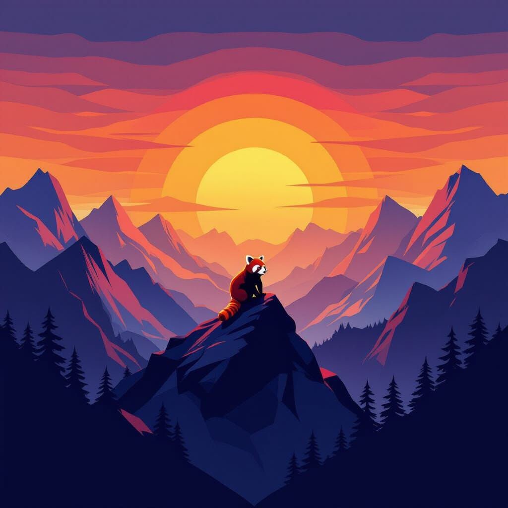 Geometric Sunset Landscape with Minimalist Red Panda