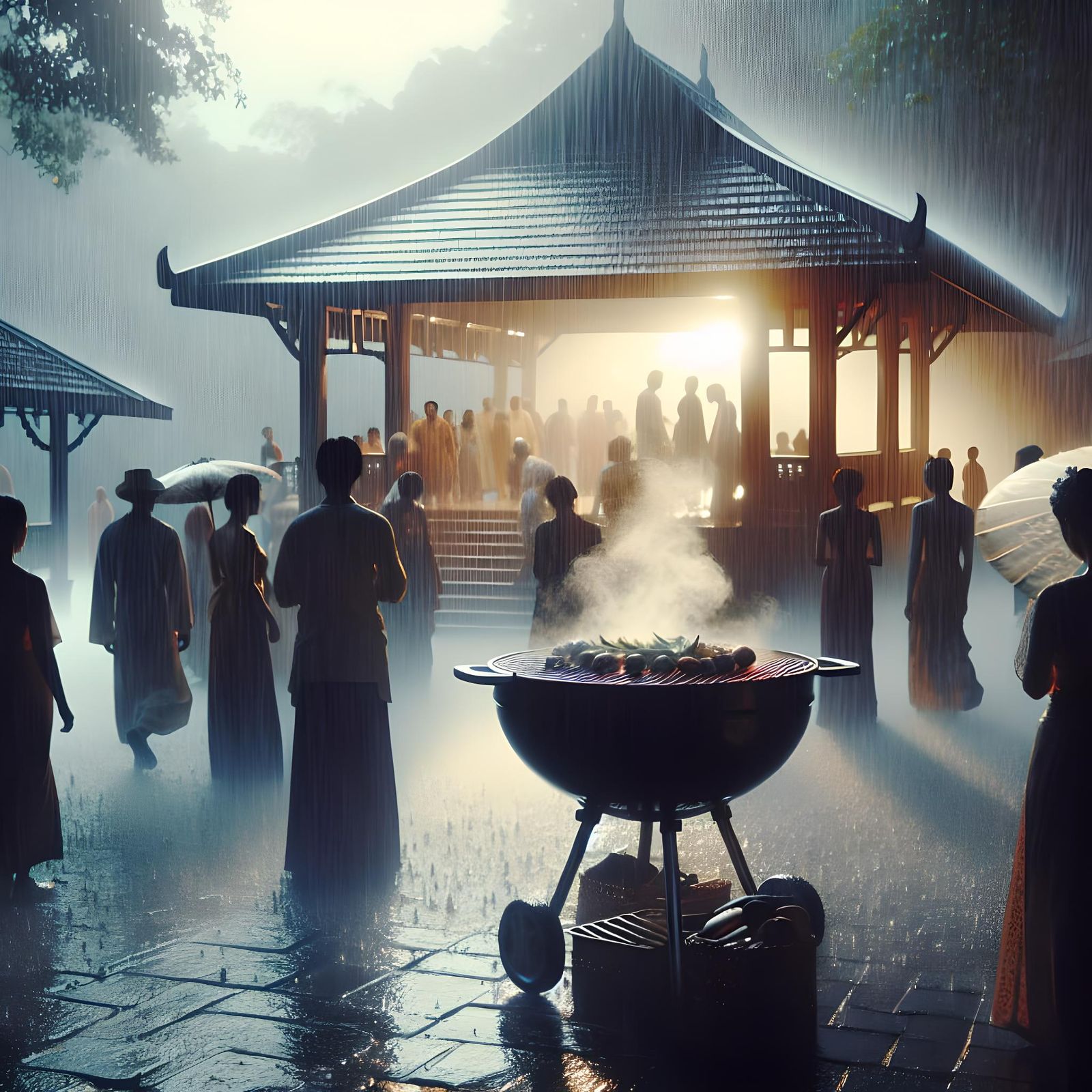 Dramatic Rainy Pavilion Gathering in Film Style