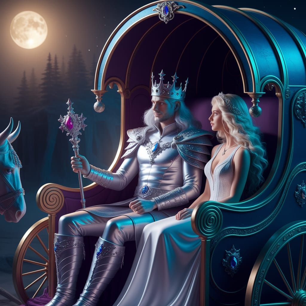 Silver King in Majestic Chariot, Surrounded by Moonlit Myste...