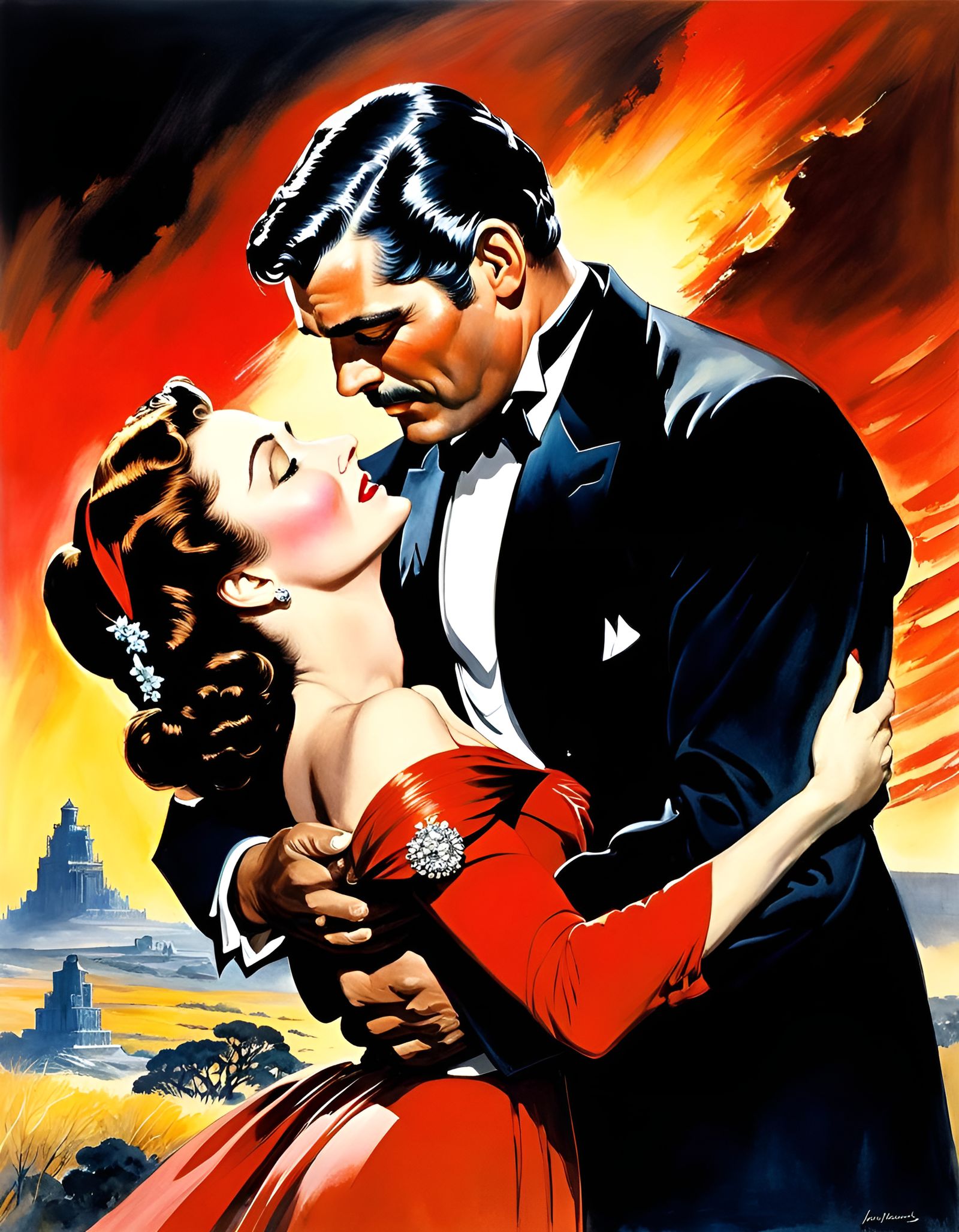 Classic Movie Poster: Lovers Amidst Burning Atlanta