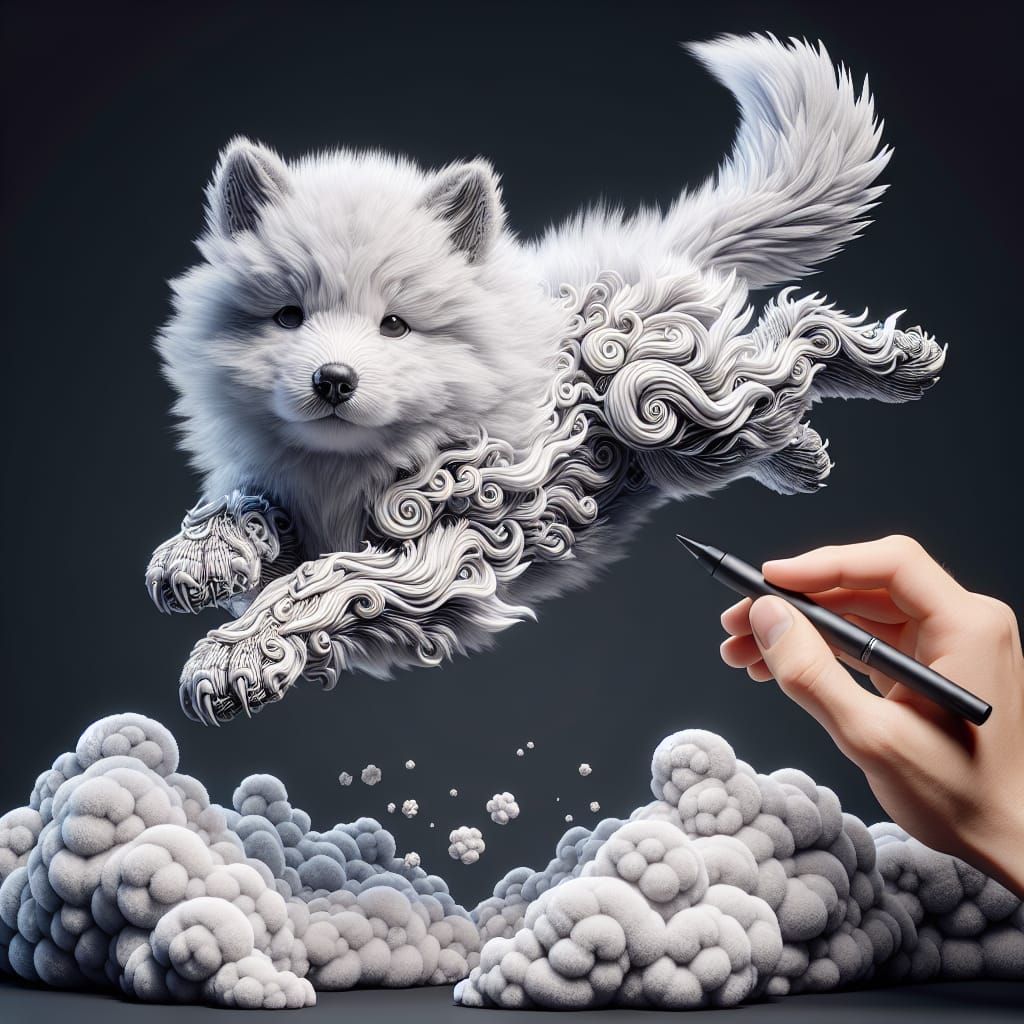 Cloud Wolf Pup in Detailed 3D Zentangle Style