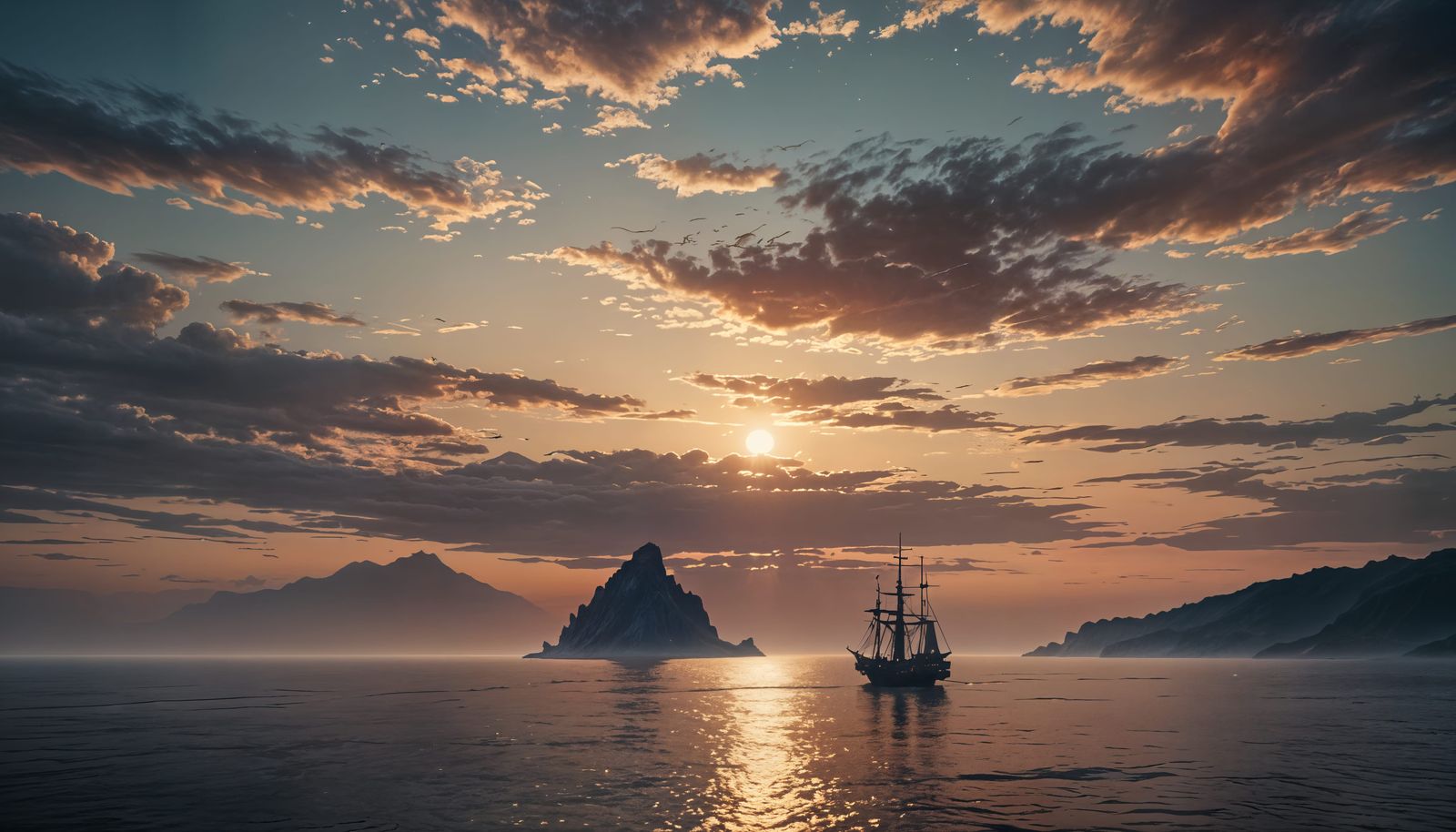 Epic Dawn Over Calm Sea: Digital Matte Painting