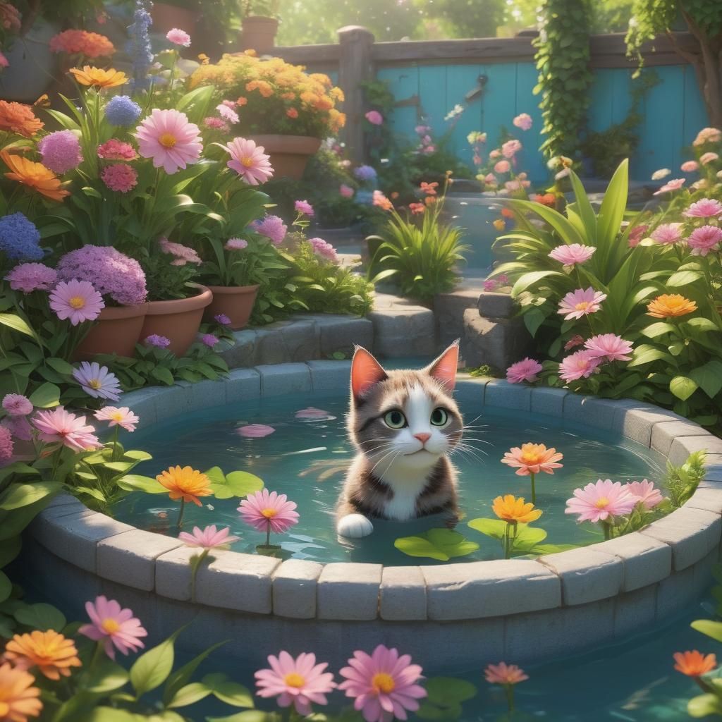 Cute Cat Bathing in Flower Garden: 3D Digital Art