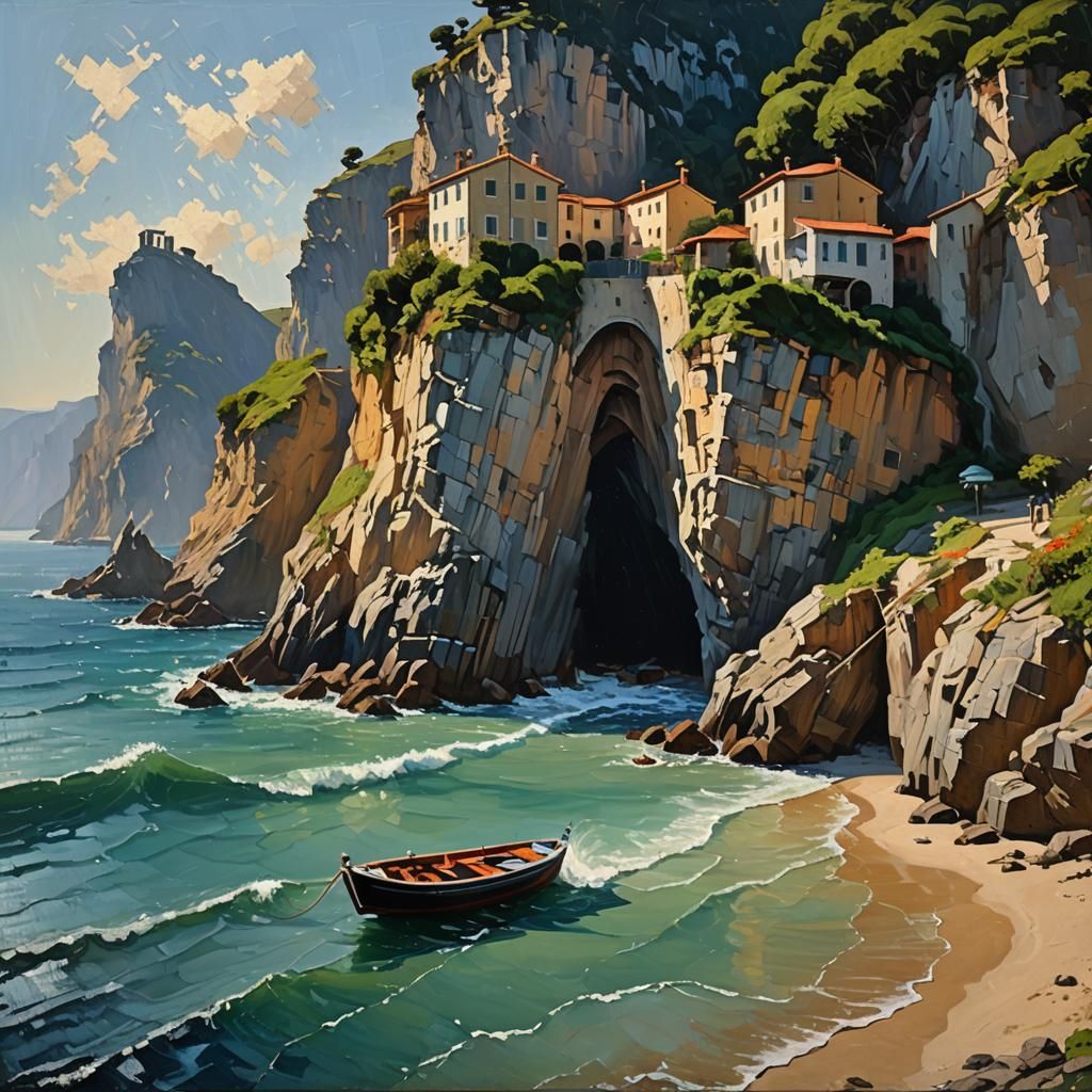 Italian Beach Scene as Impasto Gouache Painting