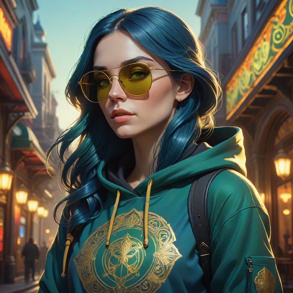 Ethereal Art Nouveau Goddess in Vibrant Gold and Blue