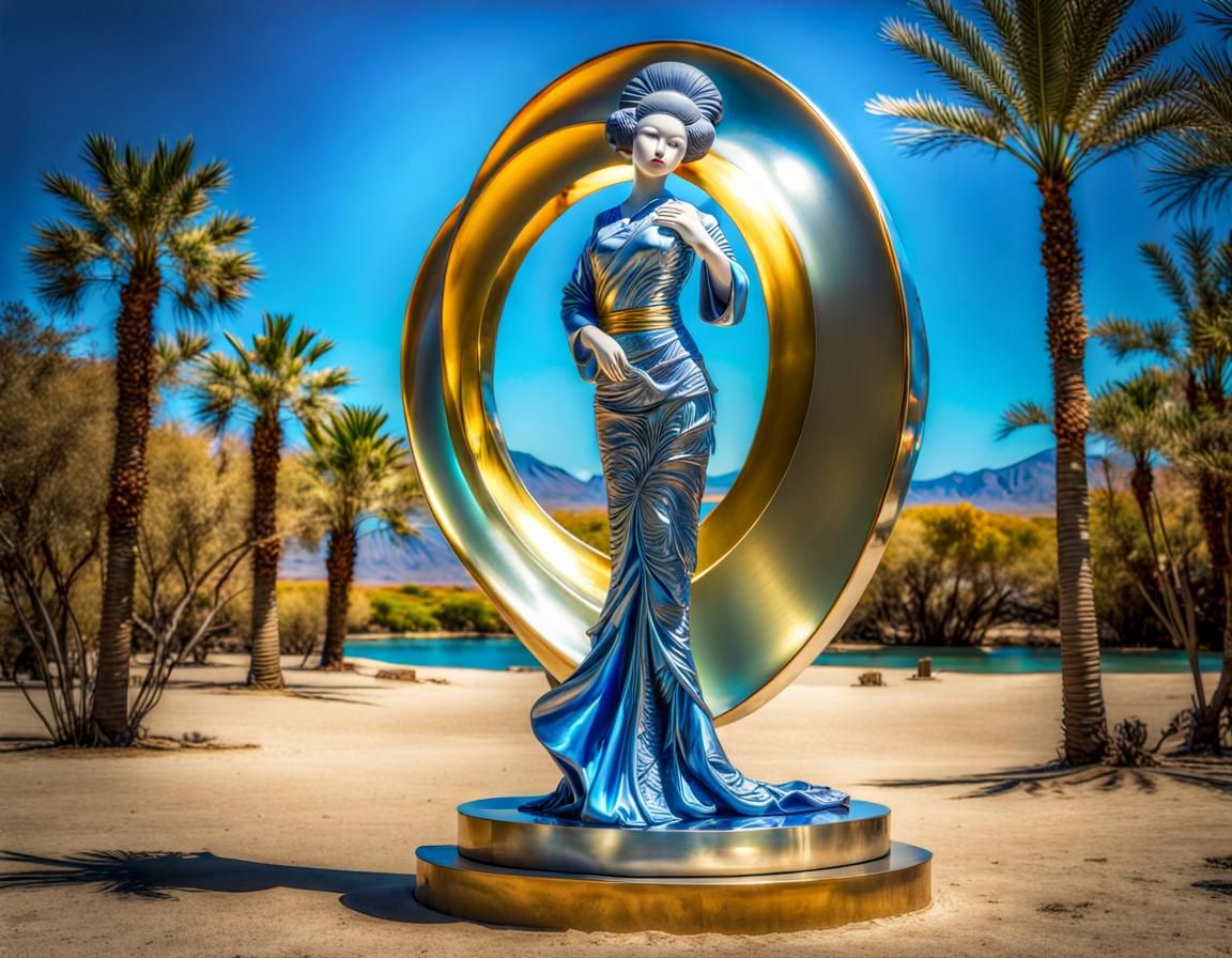 The Great Wave Metallic Sculpture in Retrofuturist Oasis