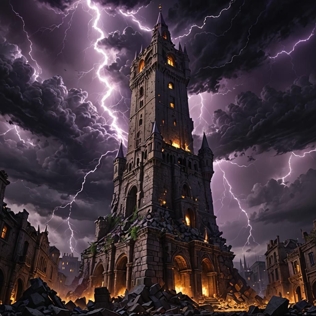 Tower Amidst Ancient Ruins: Dark Fantasy Art