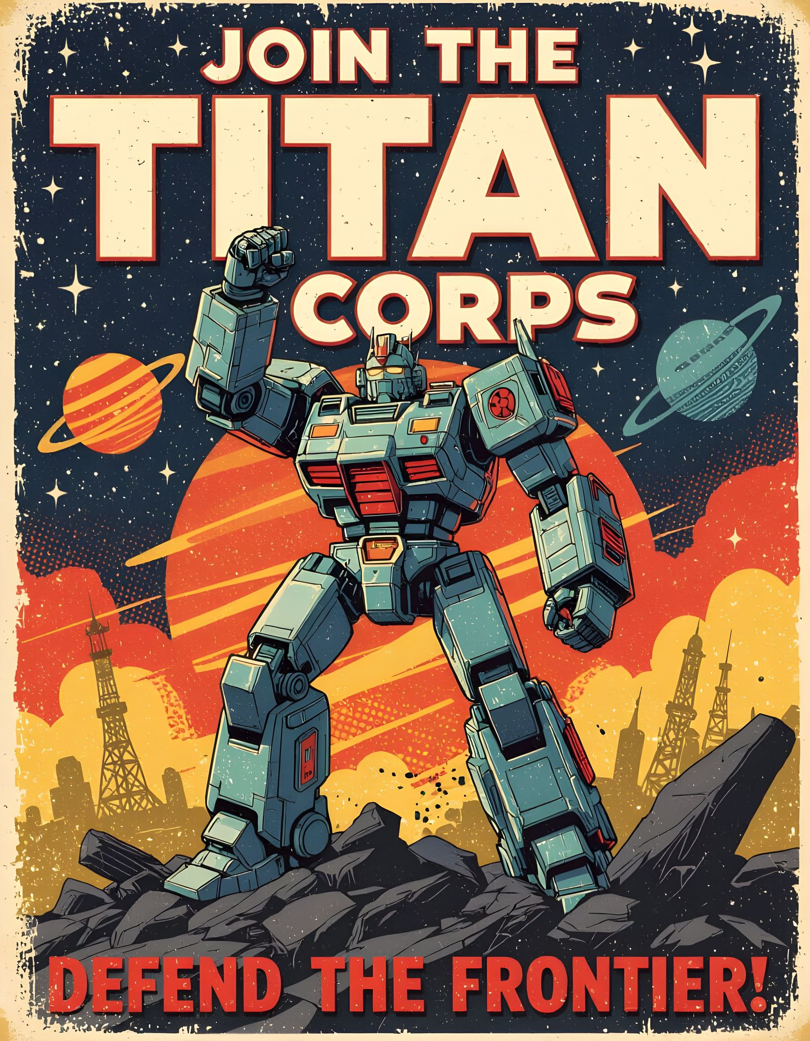 Heroic Battle Mech Retro Sci-Fi Propaganda Poster
