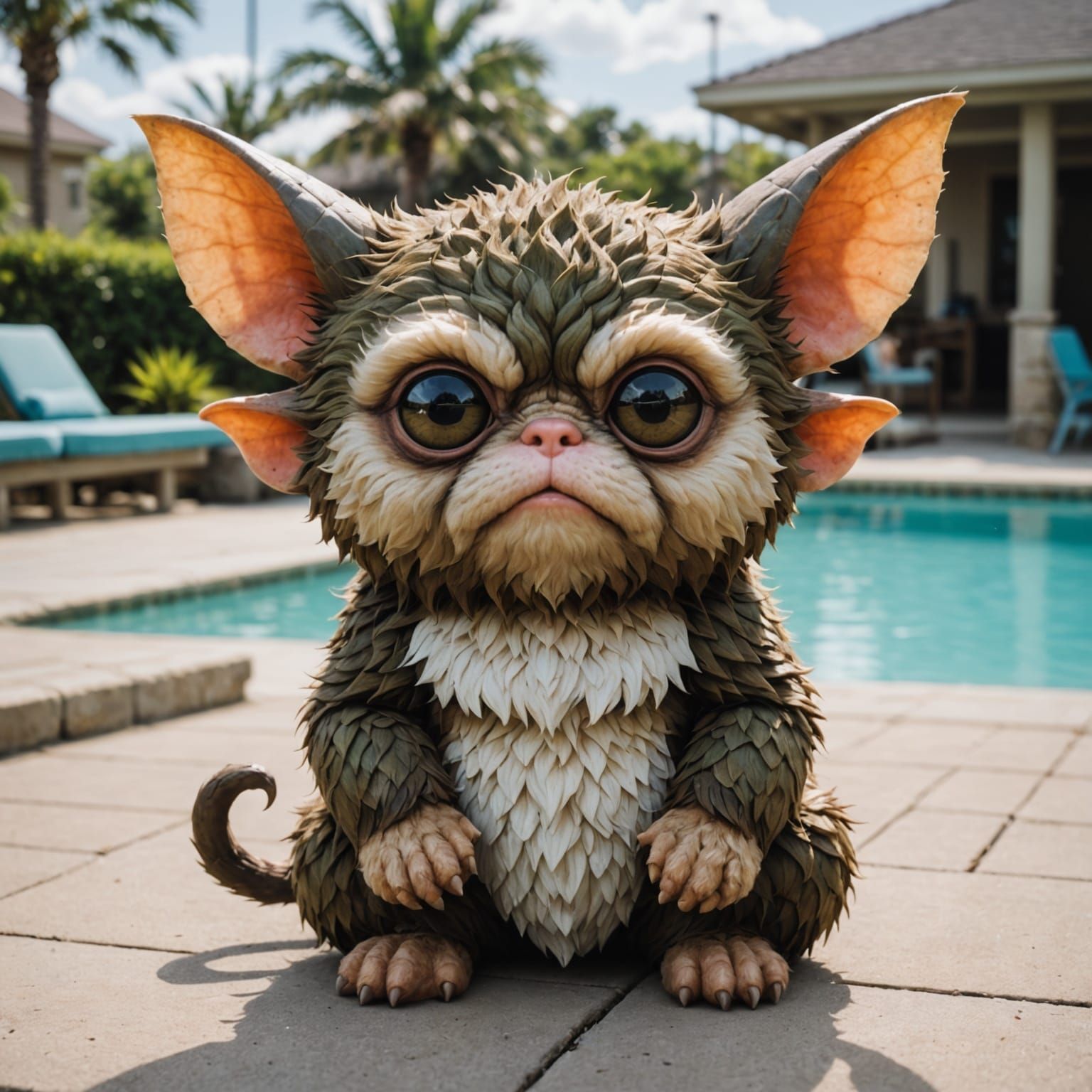Fierce Mogwai Sits Beside Serene Pool in Whimsical Art