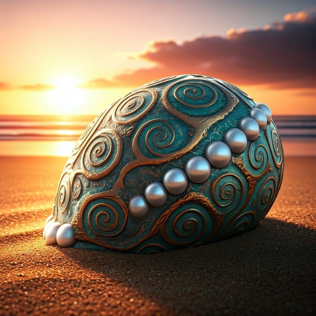 Ornate Cowrie Shell on Golden Sand in Baroque Style