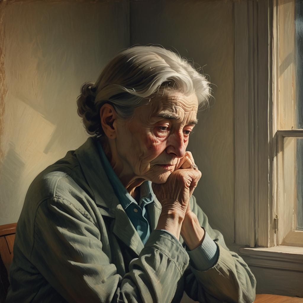Melancholic Portrait of Elderly Woman in Hopper Style