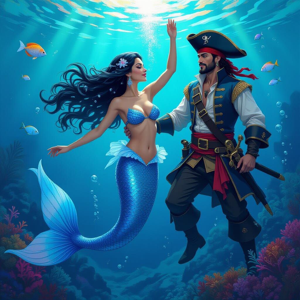 Mermaid and Pirate Underwater Dance, in Surreal Astral Style