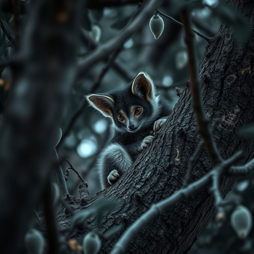 Aye-Aye in a Haunting Tree Scene