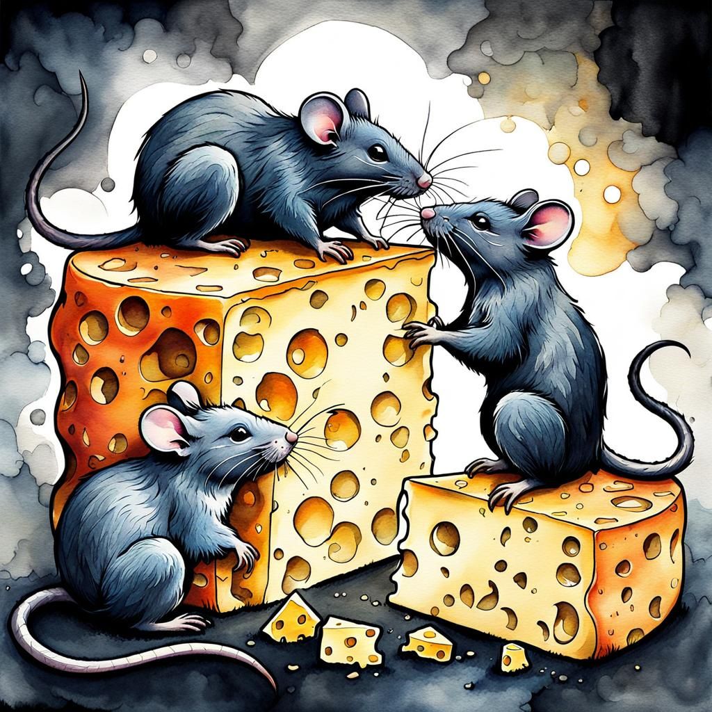 Rats Nibbling Cheese in Watercolor Ink Splash Art