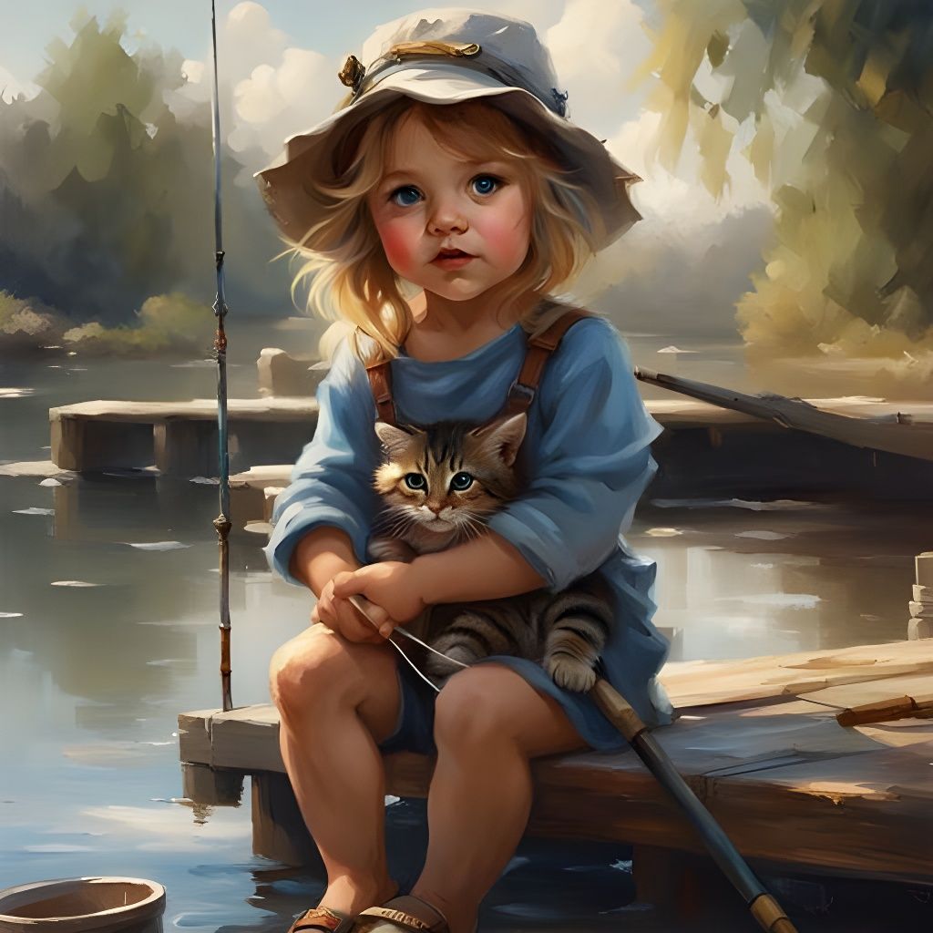 Toddler Wonder Woman as Fisherman: Detailed Digital Art