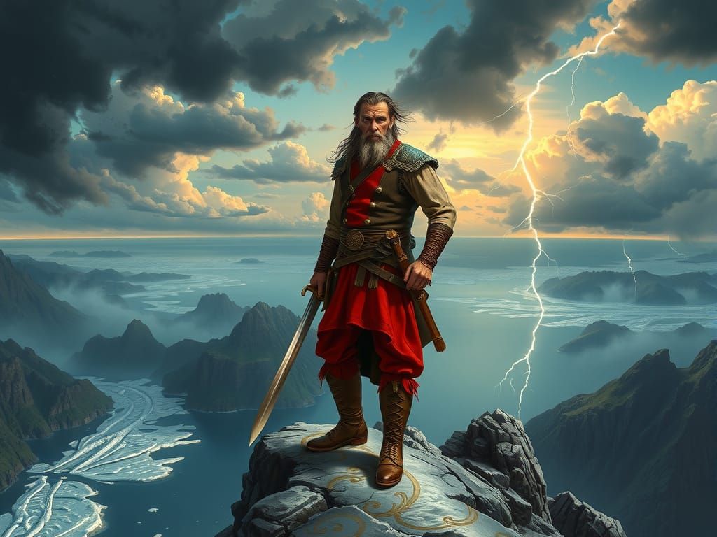 Cossack Warrior on Precipice in Dramatic Storm