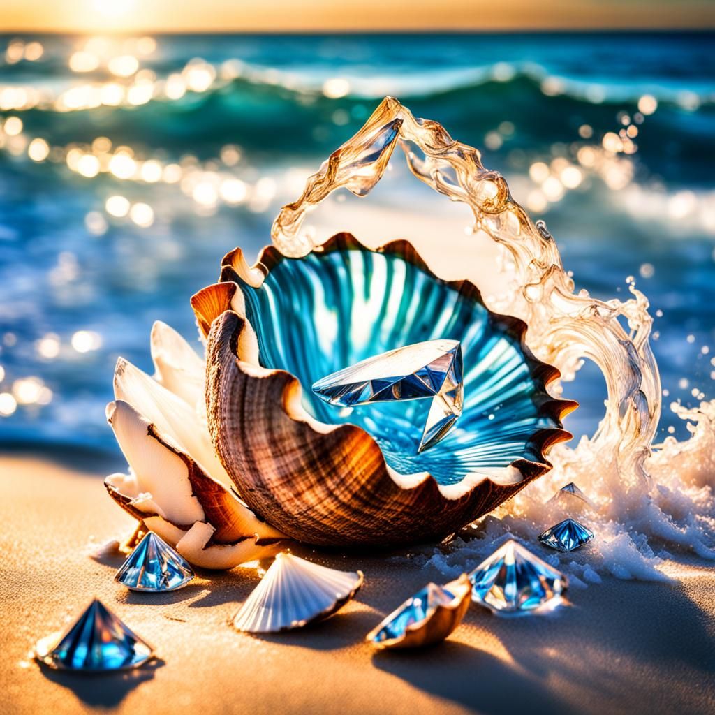Sunset Beach with Shells and Blue Waves