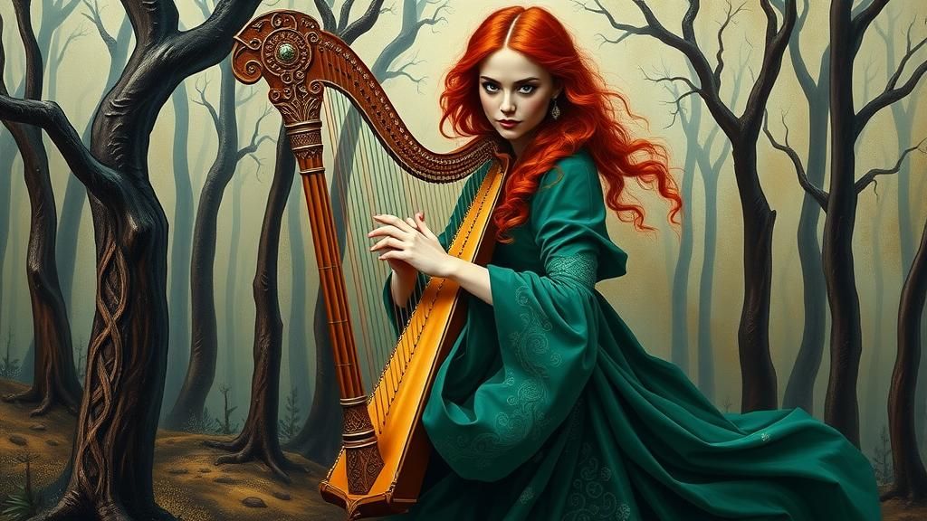 Celtic Woman with Harp in Surreal Forest