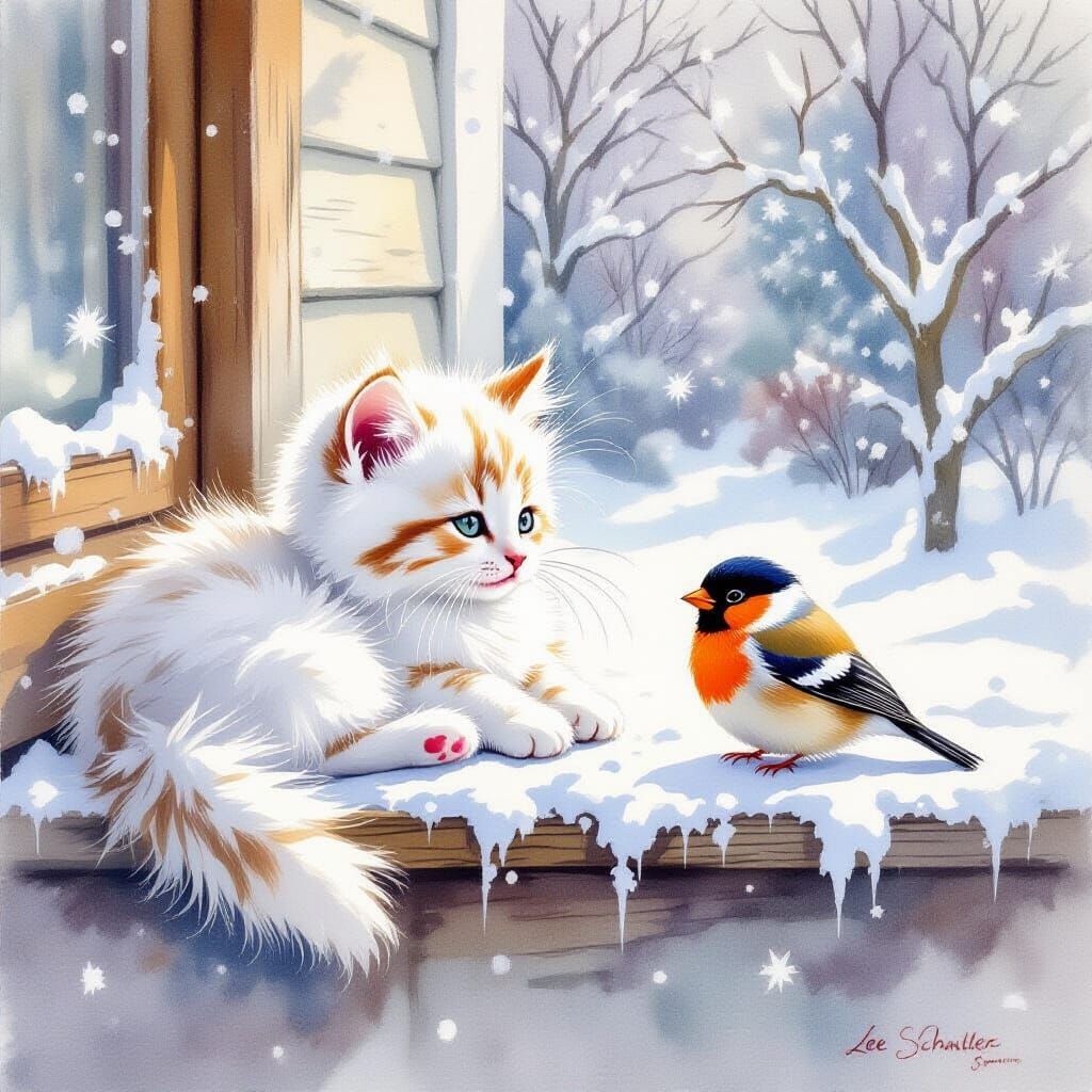 Fluffy Kitten and Bullfinch in Snowy Watercolor Scene