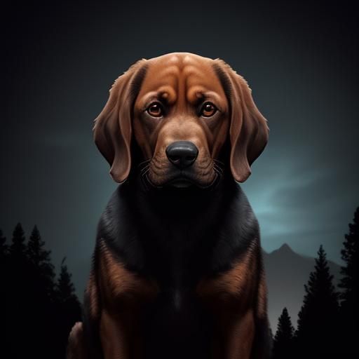 Bloodhound with Red Eyes in Gothic Forest
