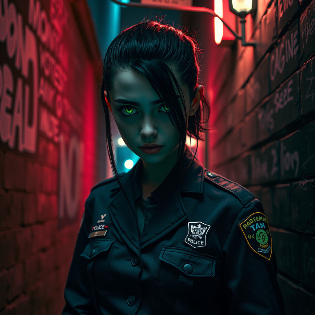 Eerie Police Officer in Dimly Lit Alleyway