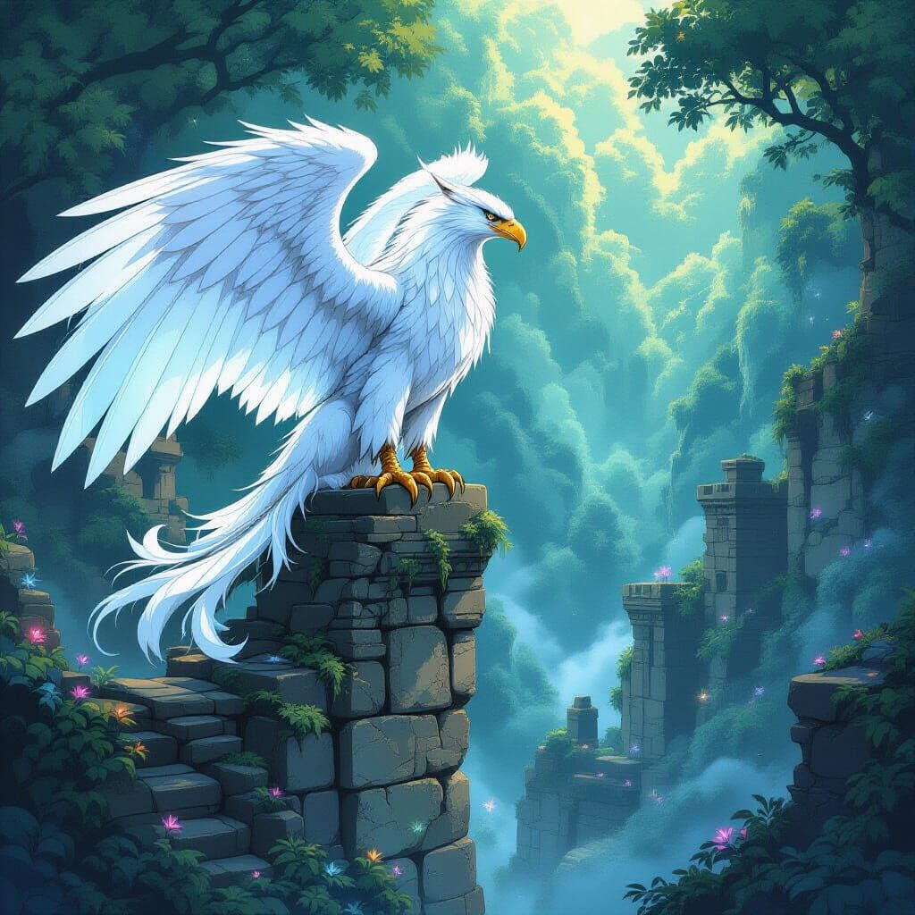 Majestic Griffin in Ancient Ruins, Manga Style