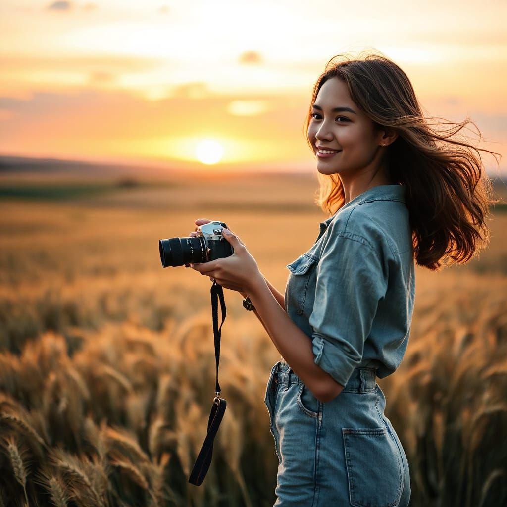 Woman with Camera Overlooking Golden Wheat Field at Sunset