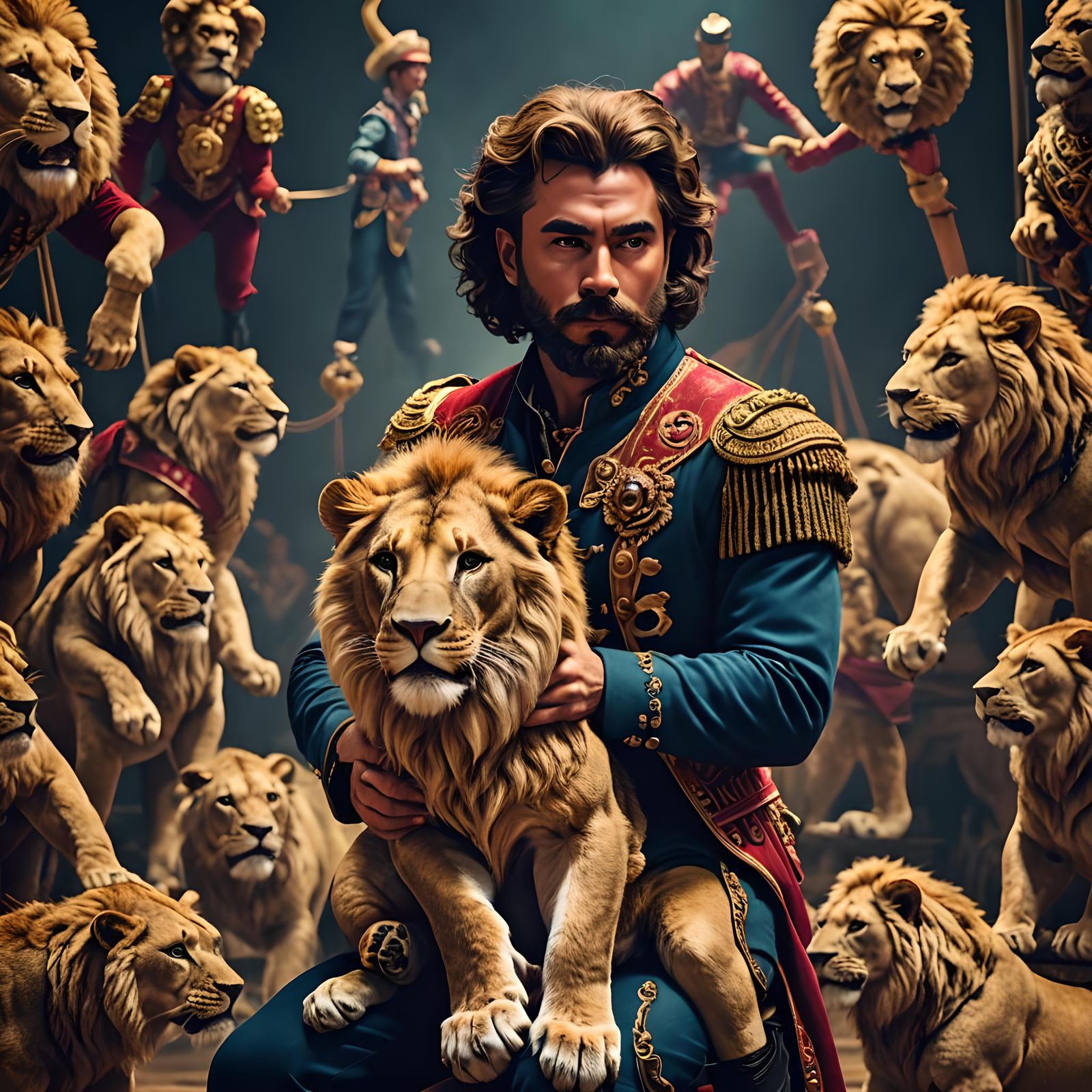 Miniature Lions on a Lion Tamer