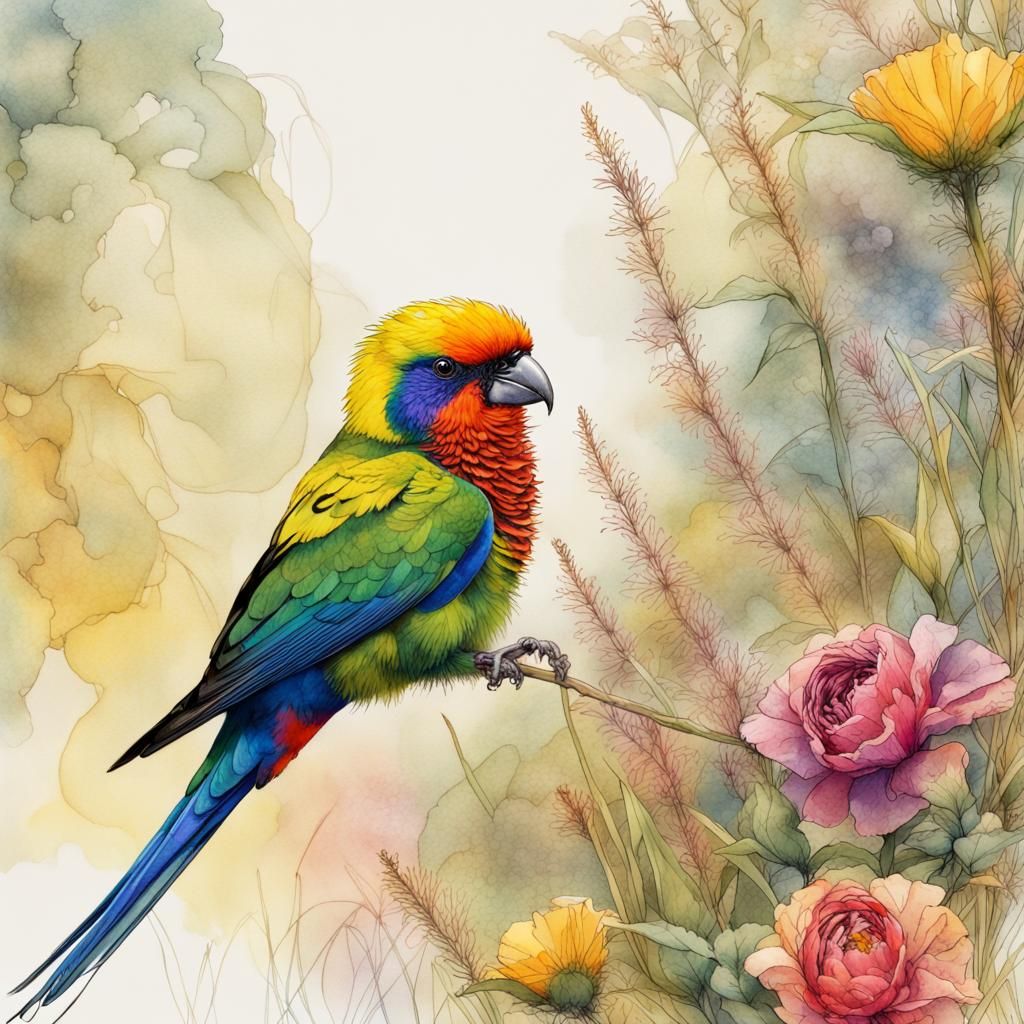 Rainbow Lorikeet Bird in Botanical Watercolor Illustration