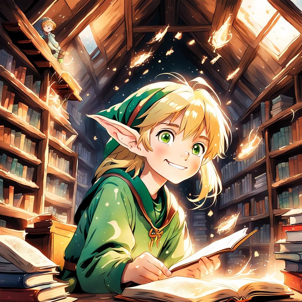 Enchanted Elf Reading in Magical Anime Library
