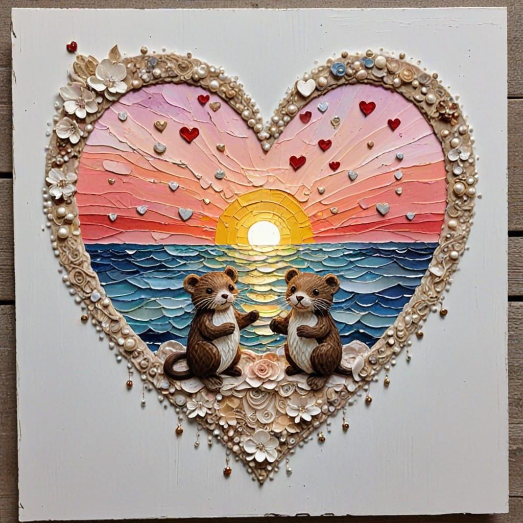 Romantic Impasto Sunset with Otters