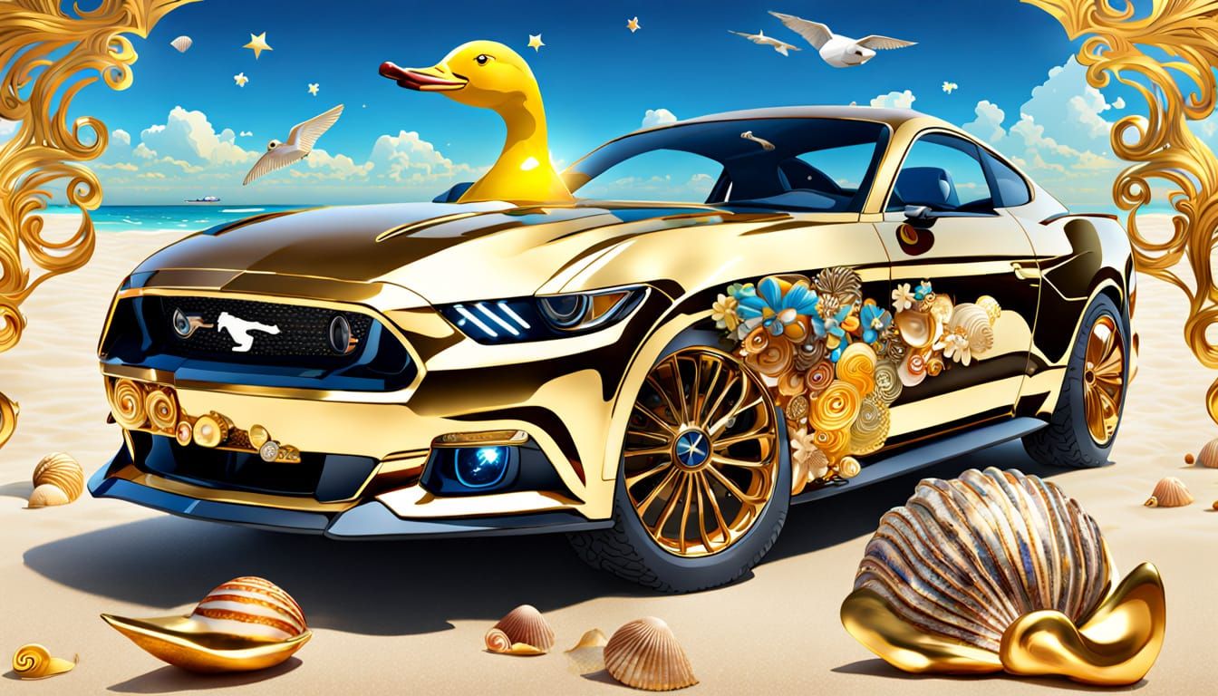 Golden Mustang on Beach in Klimt Art Nouveau Style