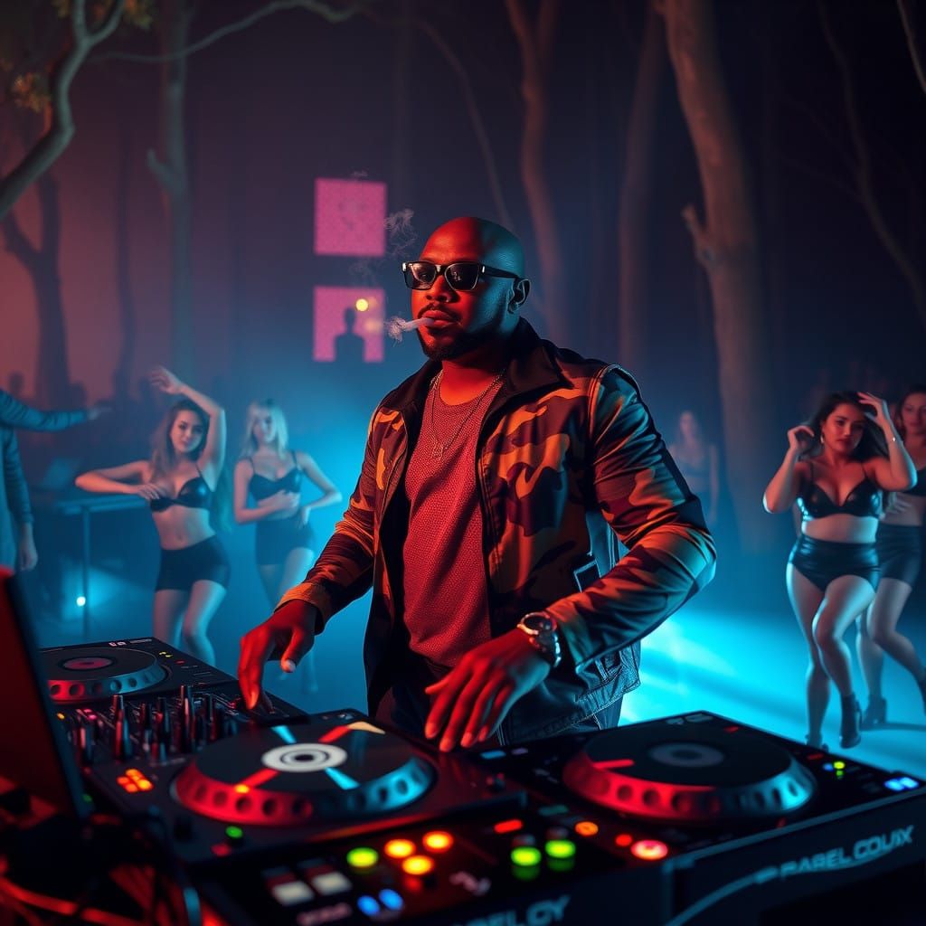 DJ Carl Cox Remixing Under Neon Lights in Camouflage