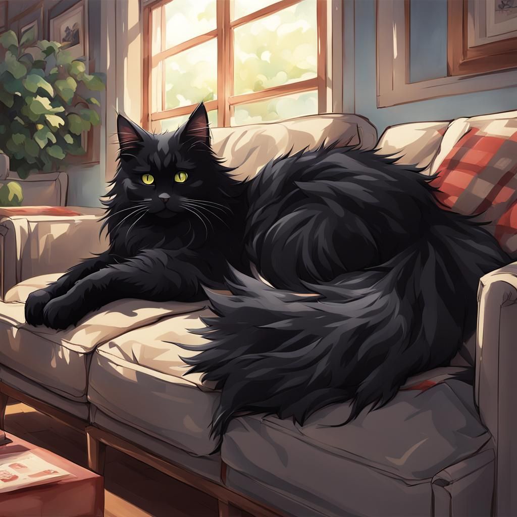 Black Mainecoon Cat on Couch in Anime Style