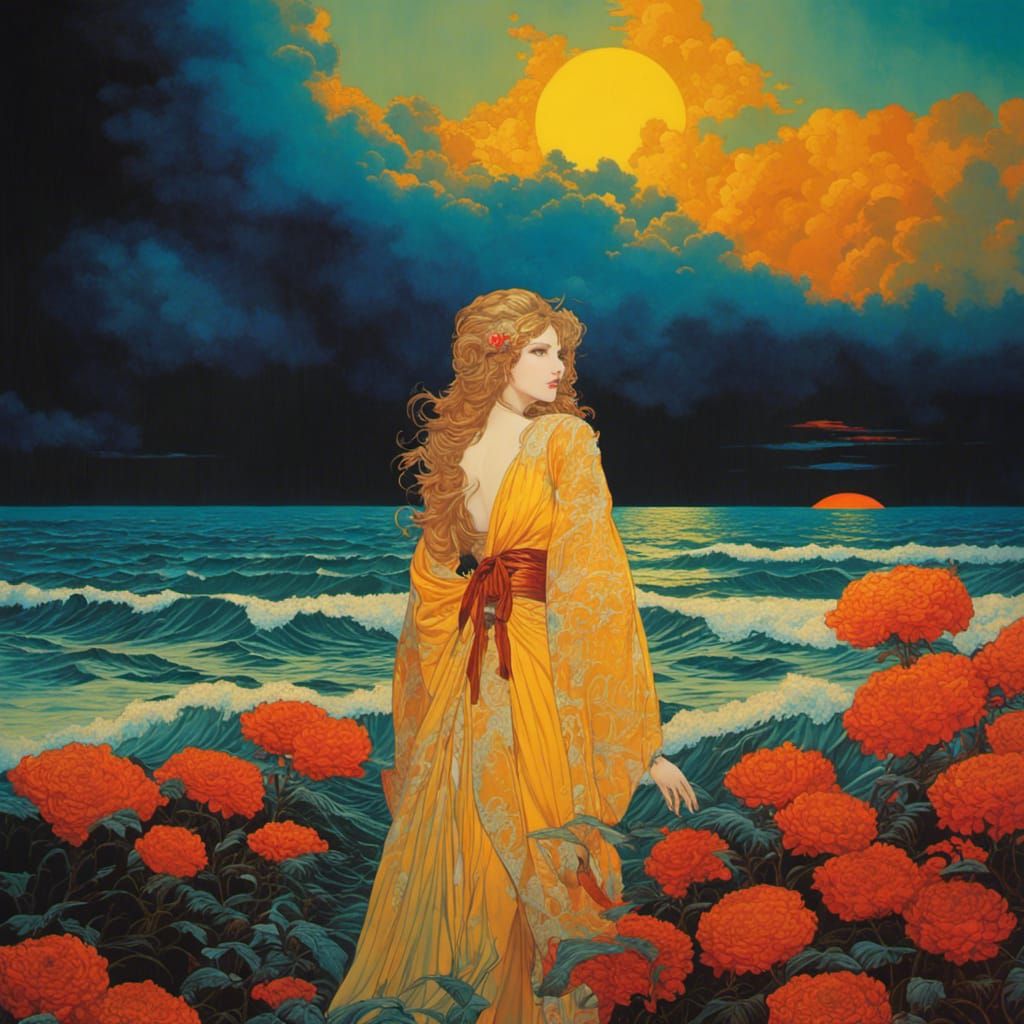 Neo-Gothic Sunset Ocean Painting in Rich Colors