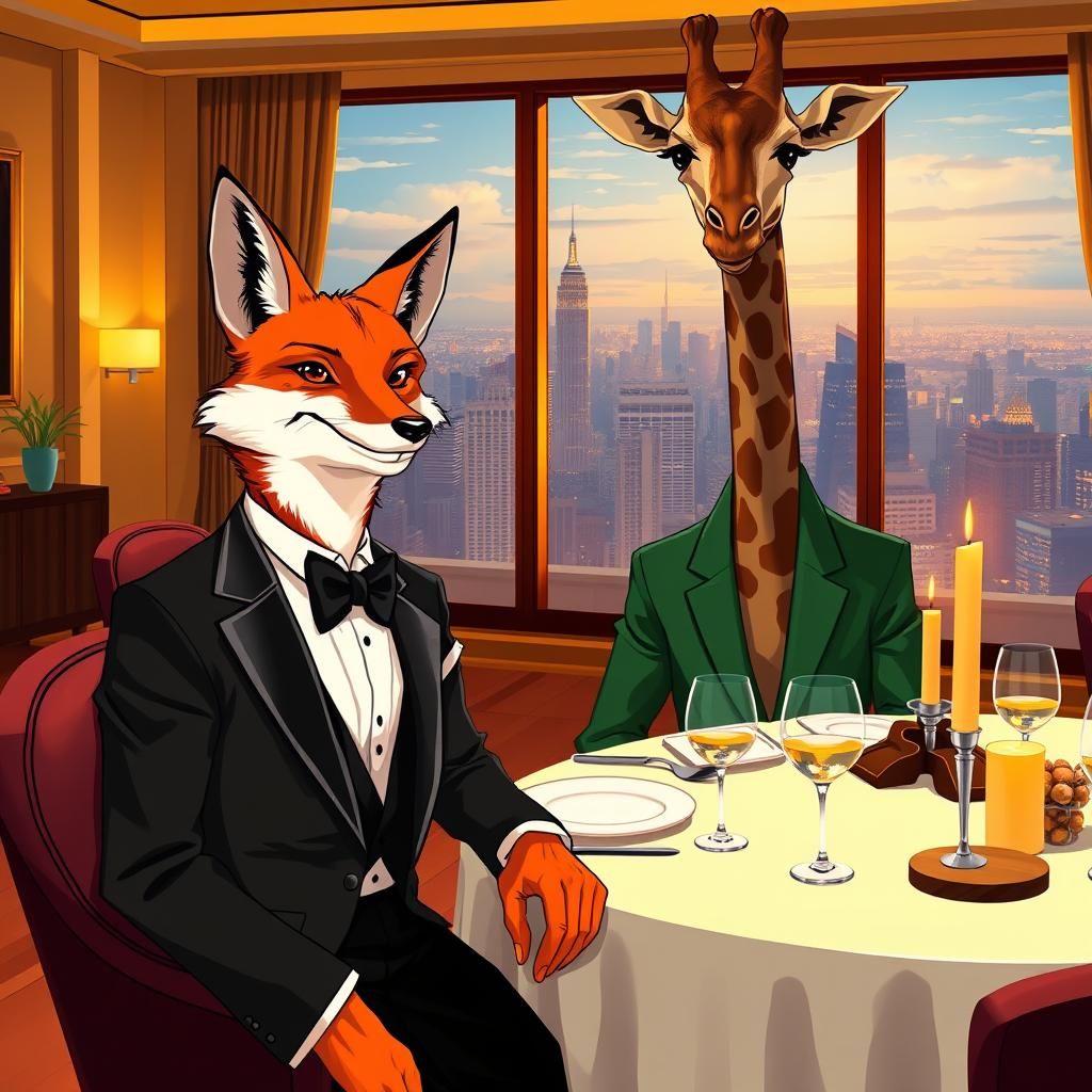 Fox and Giraffe at Dinner Party in Anime Style