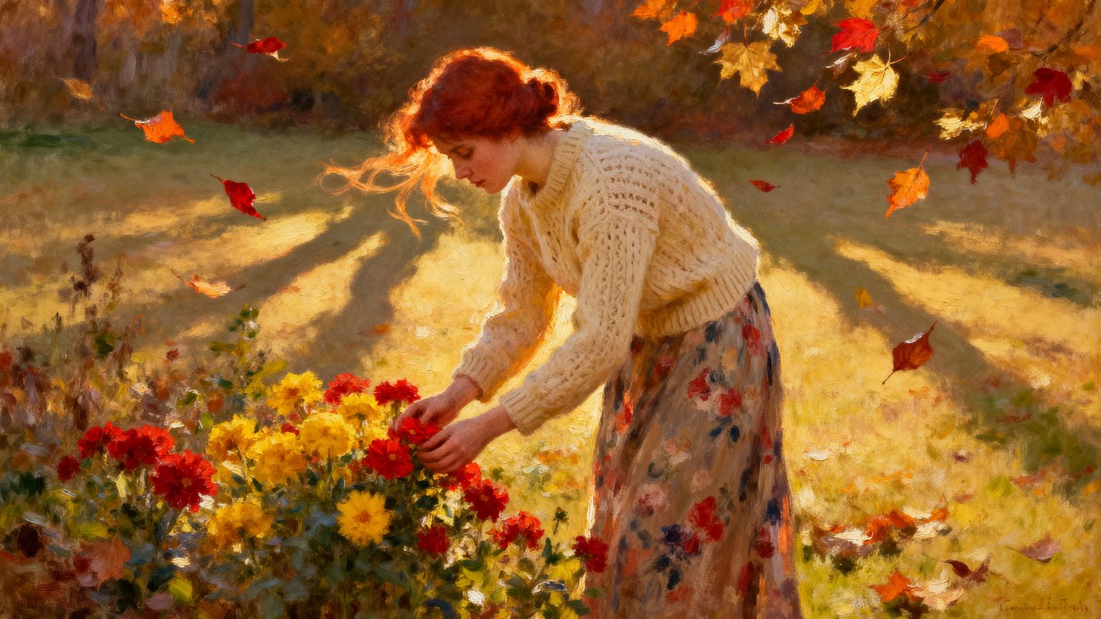Woman Picking Autumn Flowers at Sunset