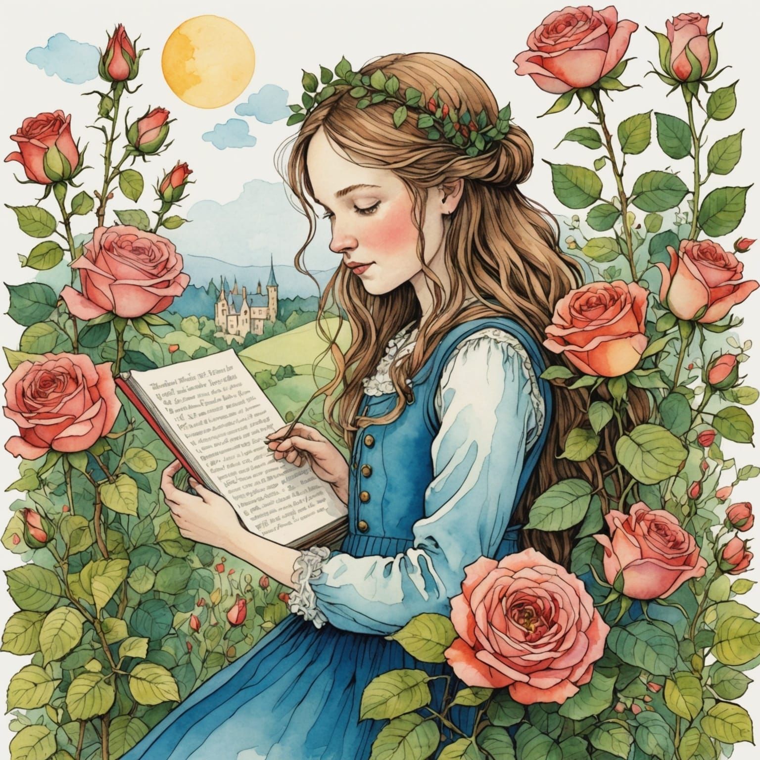 Whimsical Girl Reading Among Roses Illustration